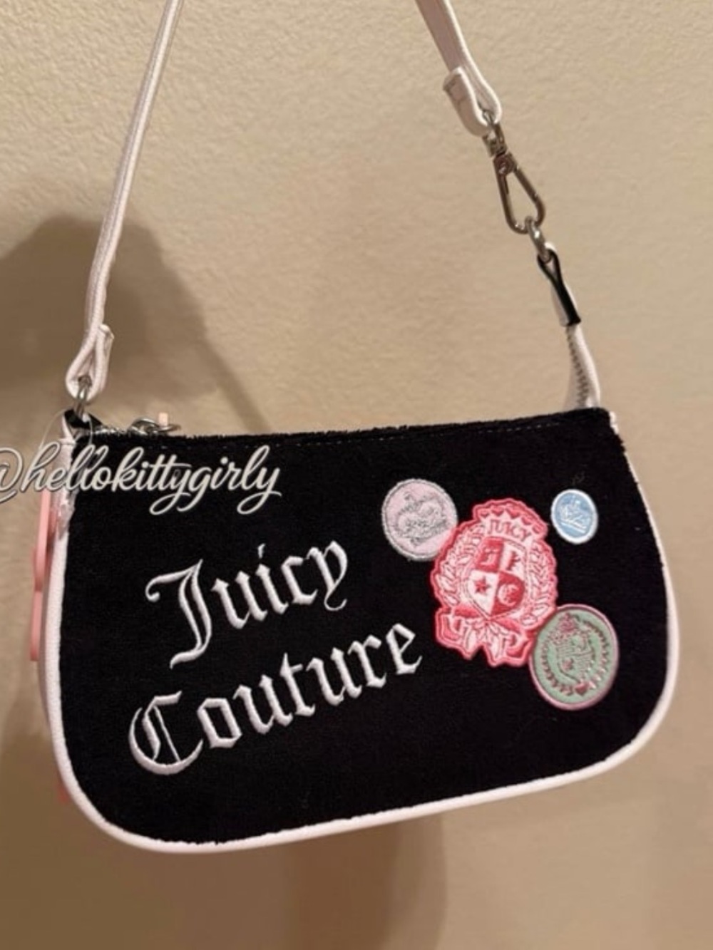 Juicy Couture Black Mini Wristlet with White Trim and Patch Accents